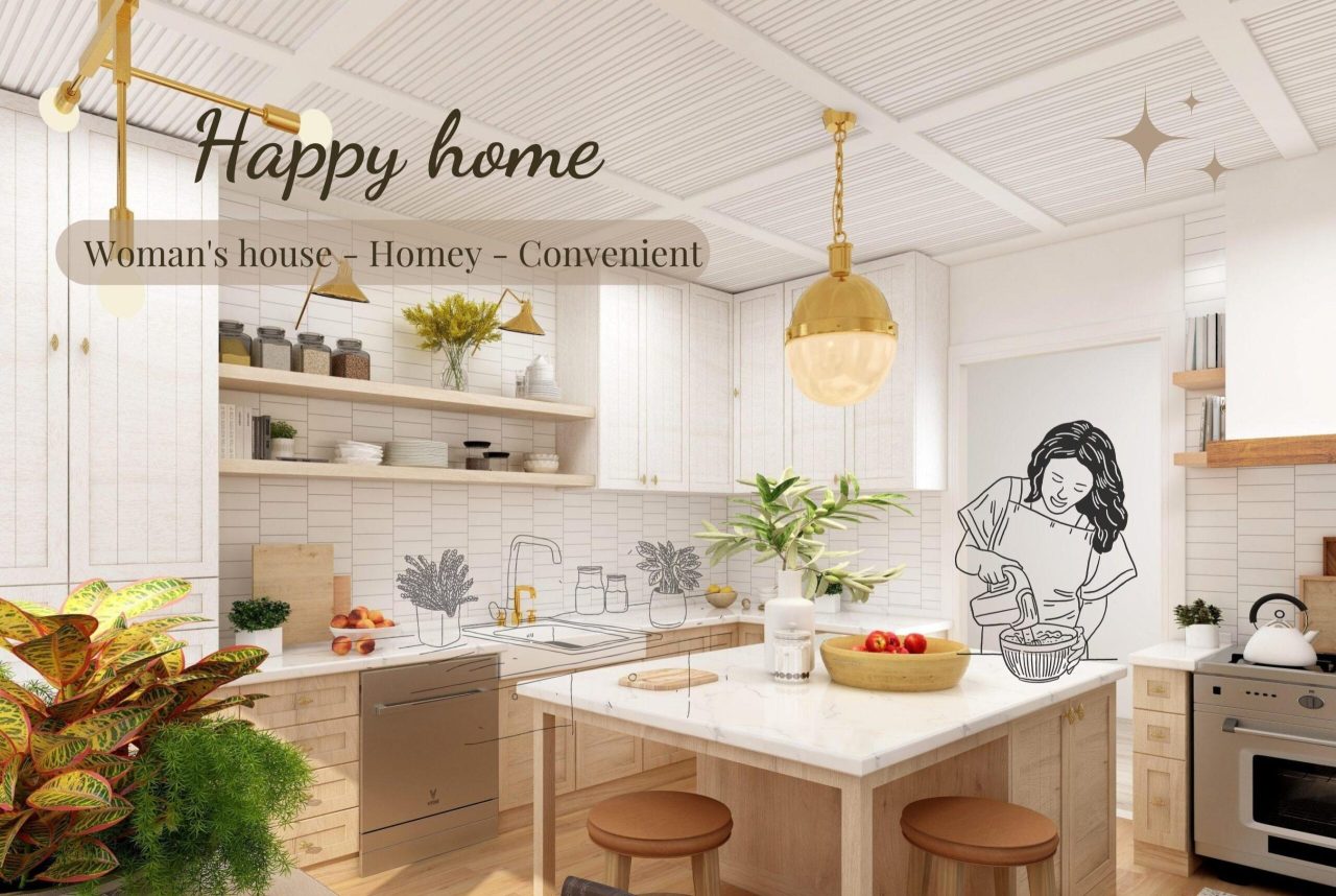 Kiến trúc nữ tính trong không gian bếp ấm cúng, hiện đại