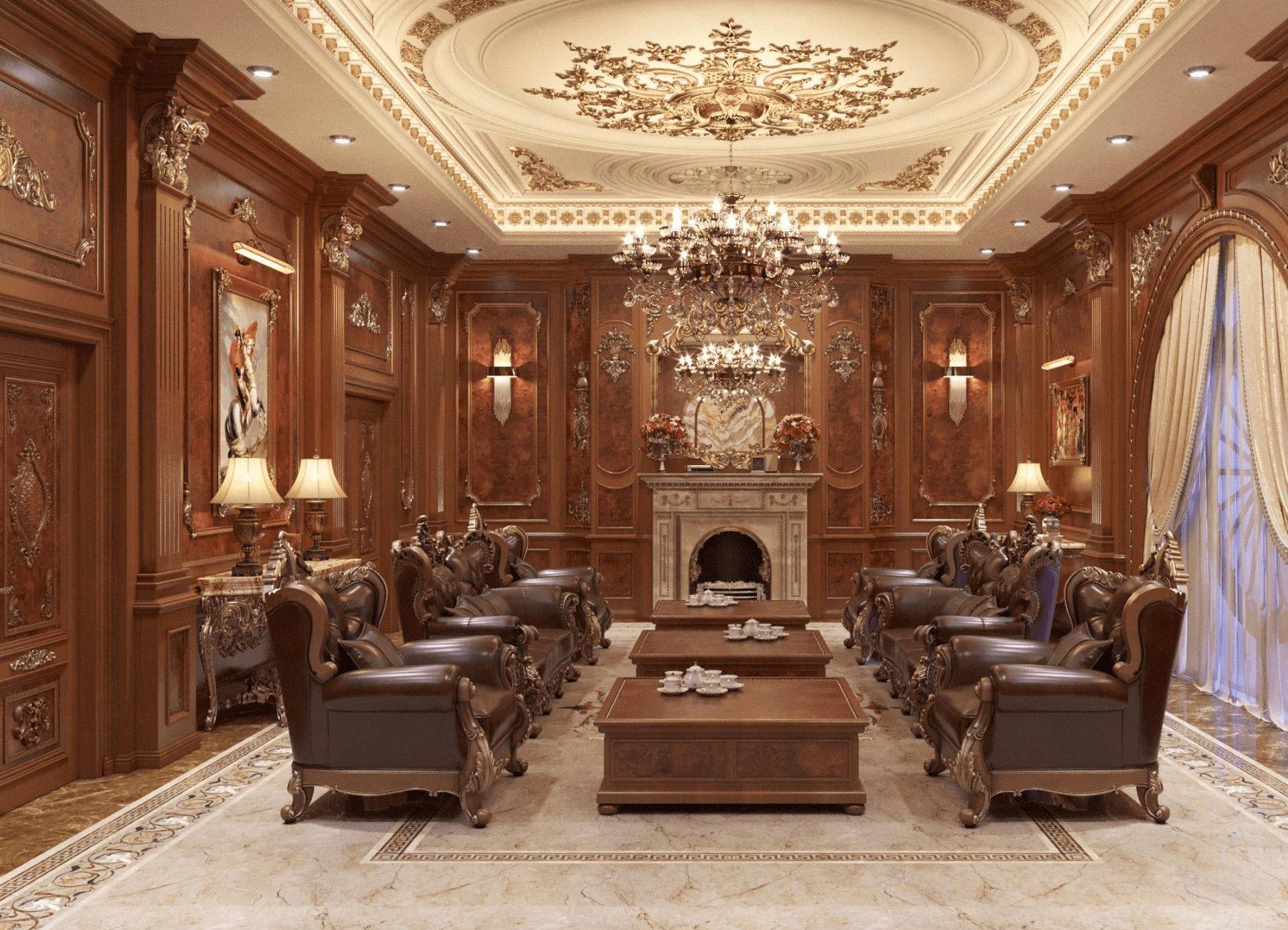Phòng khách với kết cấu đối xứng đặc biệt với chi tiết nội thất là bộ sofa cỡ lớn 