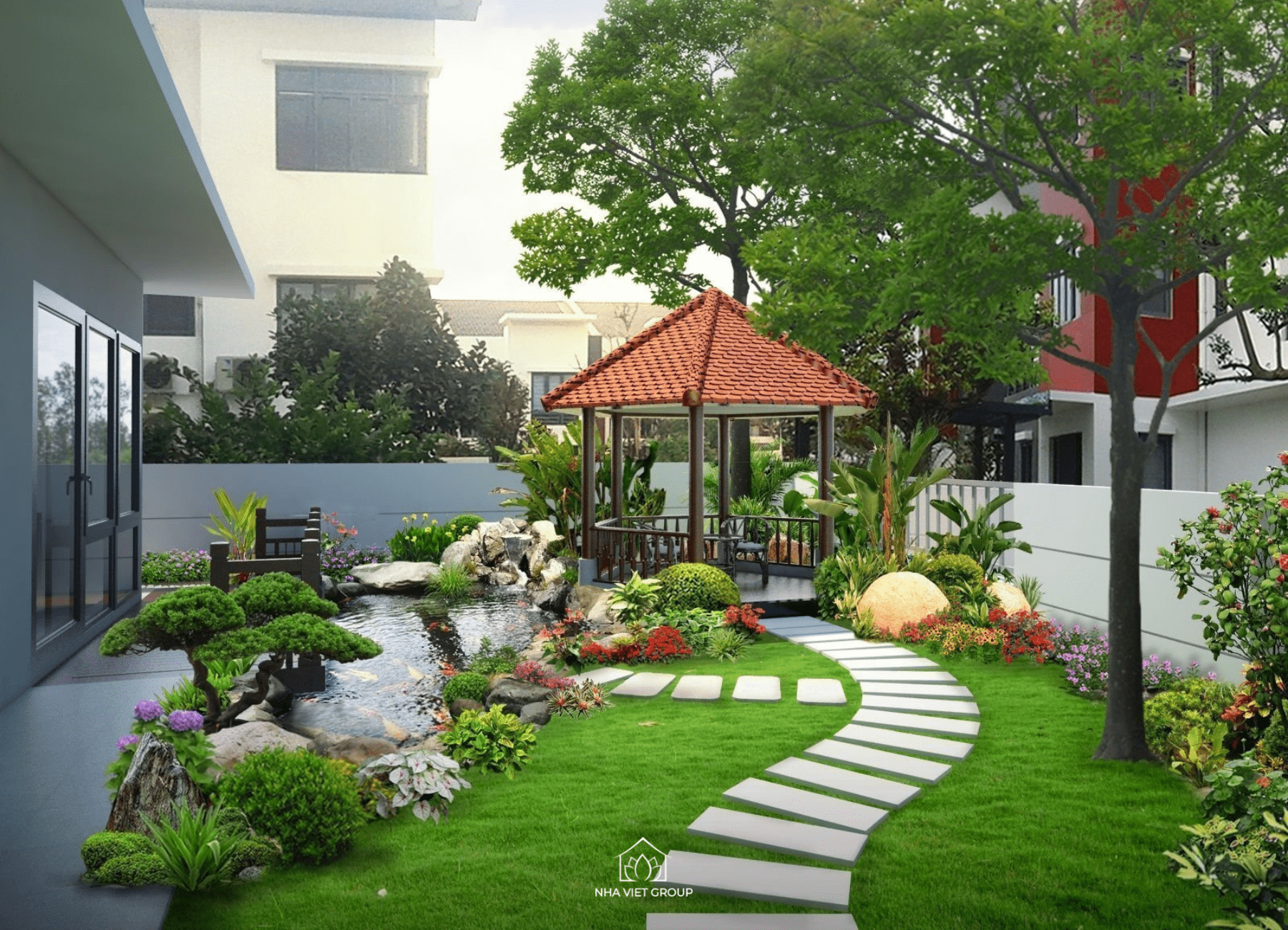 Góc sân vườn tươi mát là giải pháp hạ nhiệt tối ưu cho không gian 