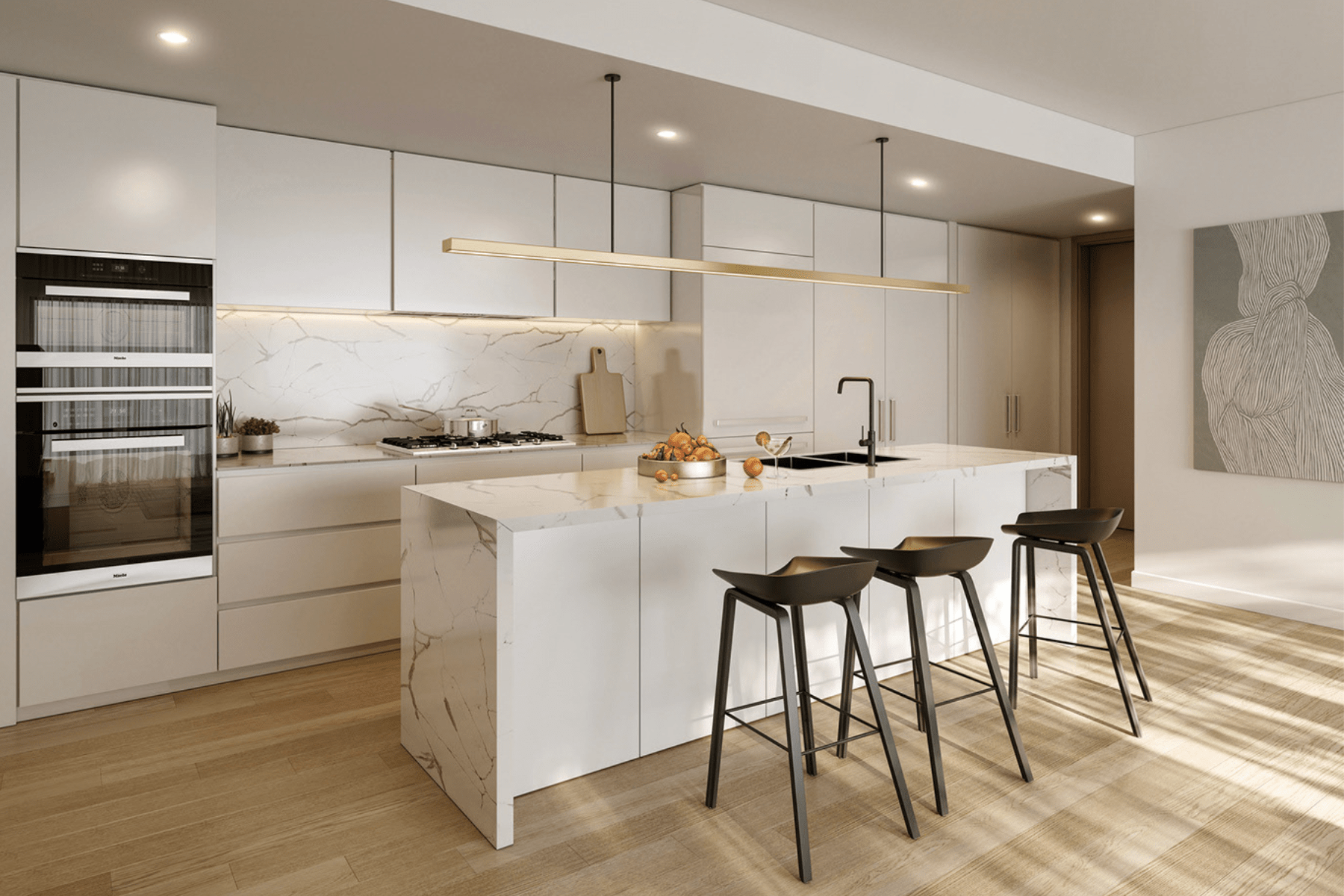 Phòng bếp hiện đại với tông màu trắng đơn giản