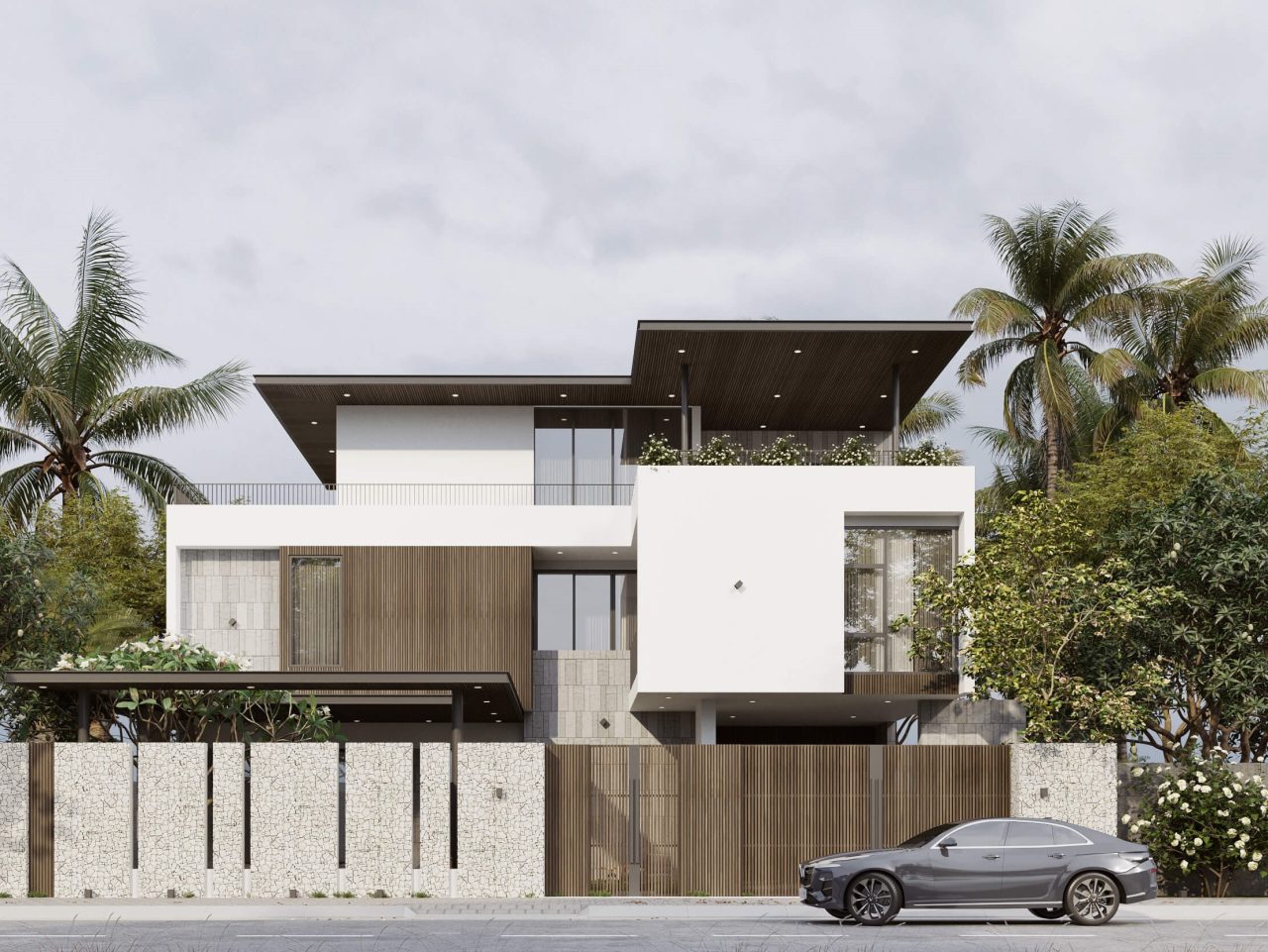 Mẫu thiết kế biệt thự với tông màu trắng, nâu thu hút