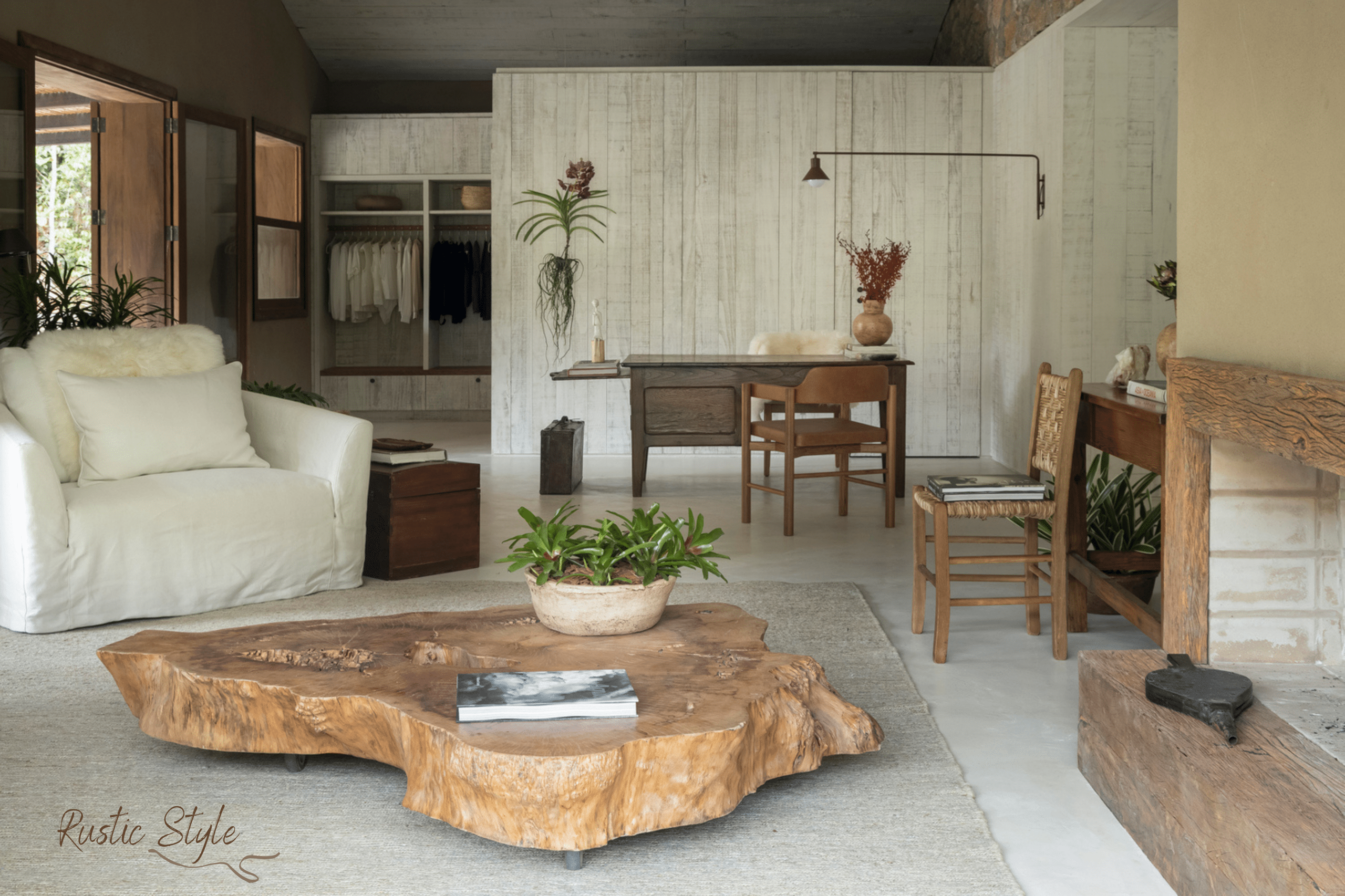 Những chất liệu tự nhiên như gỗ, đá, vải trong phòng khách 